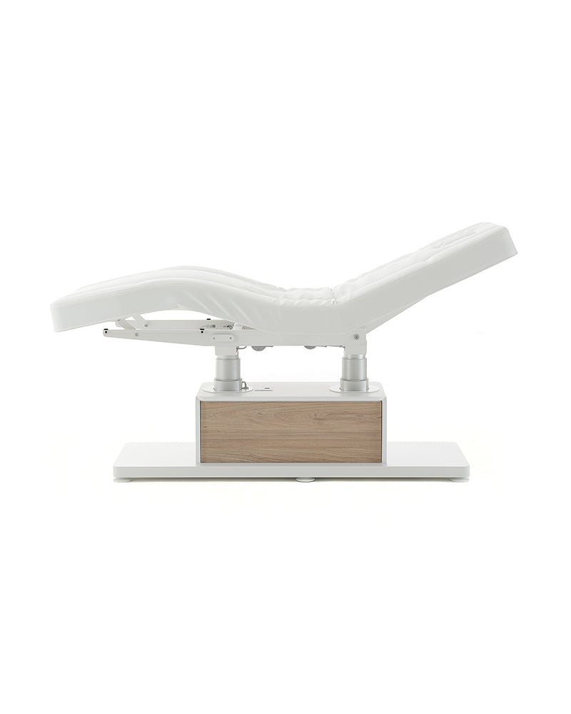 The Clair - White massage treatment table with oak pattern details - with motor - without armrests